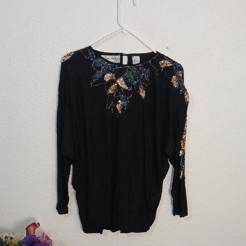 Jane Ashley Black Blouse with Gold and Blue Details